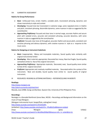 VIII   SUMMATIVE ASSESSMENT

Rubrics for Group Performance

       Basic –Unfocused tone, erratic rhythm, unstable pitch, inconsistent phrasing, dynamics and
       shows insensitivity to style and context
       Developing: Focused tone but inconsistent in extreme range, some repeated errors in rhythm
       and pitch, consistent phrasing, discernible dynamics, some nuances in style as suggested by the
       score/teacher.
       Approaching Proficiency: Focused and clear tone in normal range, accurate rhythm and secure
       pitch with isolated errors, accurate and consistent phrasing, accurate dynamics, with some
       nuances in style as suggested by the score/teacher.
       Proficient: Focused, clear tone all throughout, accurate rhythm and secure pitch, consistent and
       sensitive phrasing and obvious dynamics, with creative nuances in style as a response to the
       music score.

Rubrics for Designing an Instrument Substitute

       Basic: Inappropriate; Messy and Incomplete materials,; Sound quality lacks similarity with
       original instrumental timbre
       Developing: Most materials appropriate; Decorated but messy; Neat but fragile; Sound quality
       somewhat similar to that of the original instrument.
       Approaching Proficiency: Appropriate materials; Decorated, neat; Sound quality more similar
       to that of the original instrument
       Proficient: Appropriate and creatively modified materials; Decorated within the context of the
       instrument; Neat and durable; Sound quality most similar to sound quality of original
       instrument.

IX     RESOURCES: READING & LISTENING MATERIALS – REFERENCES/LINKS IN WEBSITE

Readings:
http://www.mangyan.org
http://phch.eccmanila.org/tribal.html
Maceda, Jose (1998). Gongs and Bamboo. Quezon City: University of the Philippines Press.

Recordings:
Nostalgia in a Denuded Rainforest (Jonas Baes, NCCA) – Recordings and Background Information on the
music of Iraya Mangyan.
(Mangyan instrumental music: bangsi/flute, subing/jew’s harp):
http://www.youtube.com/watch?v=JlT1C45zKPc
(ambahan): http://www.youtube.com/watch?v=_PPu89zCScI&feature=related
(Iraya                        Mangyan                          igway                       lullaby):
http://www.youtube.com/watch?v=WmRNuODRpkY&feature=mfu_in_order&list=UL


MUSIC Grade 7 Teacher’s Guide                                                                       27
 
