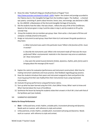 4. Show the video “Hudhud hi Aliguyon (Hudhud Chants of Ifugao)” from
          http://www.youtube.com/watch?v=sRu0F_LGP9I. Explain the content and prestige accorded to
          the Filipinos due to this intangible heritage from the Cordillera region. The Hudhud , a chanted
          epic poetry consisting of poems about heroism, honor, love, and revenge, was declared in 2001
          by the UNESCO a Masterpiece of the Oral and Intangible Heritage of Humanity.
       5. Ask the students how the video that was shown, reflects the way of life of the Cordillerans.
          Based on the lecture given in step 2 and the video in step 4, ask the students to fill up the
          concept map.
       6. Group the students into six members per group. Have them write a short poem of 8 lines and
          compose a melody (chant) to the poem..
       7. Assign an instrument to each group. Have them listen to it and answer the guide questions as
          they listen:

                   a. What instrument was used in this particular music? What is the function of this music
                   in society?

                   b. Describe the instruments used. What is the instrument made of? How was the music
                   performed? What environmental materials in the classroom may serve as substitutes
                   for these instruments?

                   c. How were the varied musical elements (timbre, dynamics, rhythm, pitch, form) used in
                   bringing about the message of the music?


       8. Explain the rubrics for evaluation (performance and instrument construction). Allot time for
           making instrument substitutes and music practice. Give feedback regarding group practice.
       9. Have the students introduce their poem and instrument assigned to them and perform the
           music by group first their own Hudhud then their instrumental music using improvised
           instruments.
       10. Evaluate the group performance using performance rubrics.
       11. Sum up what has been learned using the K-W-L chart (What I know, What I want to know and
           What I learned about the music of Cordillera).
       12. Synthesize the lesson by having the students relate their answers in the K-W-L chart with that of
           the Synthesis part (see module).

VIII       SUMMATIVE ASSESSMENT

Rubrics for Group Performance

           Basic – Unfocused tone, erratic rhythm, unstable pitch, inconsistent phrasing and dynamics.
           Needs work on nuances with reference to style and context.
           Unfocused tone, erratic rhythm, unstable pitch, inconsistent phrasing and dynamics. Needs
           work on nuances with reference to style and context.



MUSIC Grade 7 Teacher’s Guide                                                                              3
 