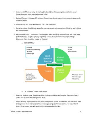  Instrumental Music: aruding (Jew’s harp), babarak (ring flute), suling (banded flute), basal
     (gong), kusyapiq (lute), pagang (bamboo zither)

    Cultural Context (History and Traditions): Soundscape, Music suggesting/representing elements
     of nature, Epics

    Composition: Bird songs, Kulial songs, Epics (i.e. Kudaman)

    Social Functions: Ritual Music, Music for expressing contrasting emotions, Music for work, Music
     for entertainment

    Performance Styles / Techniques: Onomatopeia, Bagit Bird Scale (no half steps) and Kulial Scale
     (with half steps), Magibut (playing together), Karang (Sung-Spoken dialogue), Lumbaga
     (Shamanic chant about the voyage of the soul)

               a. CONCEPT MAP

                      •Nature                                                       •Kulial
                      •Interaction among                                            •Epics
                       groups                                                       •Instruments
                      •Language
                                                 Socio-
                                                                   Musical
                                               historical
                                                                   Forms
                                                Context
                                                     The Music of Palawan

                                                                   Musical
                                                  Issues
                                                                   Context
                     •Cultural                                                            •Music in Ritual
                      Preservation
                                                                                          •Soundscape
                     •Sustainable Eco-
                      Tourism                                                             •Creativity




               b.   ACTIVITIES & STEPS/ PROCEDURE

   1. Have the students view the picture of the Underground River and imagine the sounds heard
      within and outside the Underground River.

   2. Group Activity: In groups of five per group, imagine the sounds heard within and outside of the e
      Underground River and recreate the soundscape using vocal improvisation. Go around and
      select three groups who will perform their improvisations in class.


MUSIC Grade 7 Teacher’s Guide                                                                        30
 