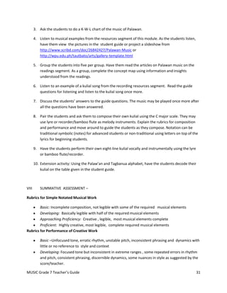 3. Ask the students to do a K-W-L chart of the music of Palawan.

       4. Listen to musical examples from the resources segment of this module. As the students listen,
          have them view the pictures in the student guide or project a slideshow from
          http://www.scribd.com/doc/26842427/Palawan-Music or
          http://wpu.edu.ph/tautbato/arts/gallery-template.html

       5. Group the students into five per group. Have them read the articles on Palawan music on the
          readings segment. As a group, complete the concept map using information and insights
          understood from the readings.

       6. Listen to an example of a kulial song from the recording resources segment. Read the guide
          questions for listening and listen to the kulial song once more.

       7. Discuss the students’ answers to the guide questions. The music may be played once more after
          all the questions have been answered.

       8. Pair the students and ask them to compose their own kulial using the C major scale. They may
          use lyre or recorder/bamboo flute as melody instruments. Explain the rubrics for composition
          and performance and move around to guide the students as they compose. Notation can be
          traditional symbolic (notes) for advanced students or non-traditional using letters on top of the
          lyrics for beginning students.

       9. Have the students perform their own eight-line kulial vocally and instrumentally using the lyre
          or bamboo flute/recorder.

       10. Extension activity: Using the Palaw’an and Tagbanua alphabet, have the students decode their
           kulial on the table given in the student guide.



VIII       SUMMATIVE ASSESSMENT –

Rubrics for Simple Notated Musical Work

        Basic: Incomplete composition, not legible with some of the required musical elements
        Developing: Basically legible with half of the required musical elements
        Approaching Proficiency: Creative , legible, most musical elements complete
        Proficient: Highly creative, most legible, complete required musical elements
Rubrics for Performance of Creative Work

           Basic –Unfocused tone, erratic rhythm, unstable pitch, inconsistent phrasing and dynamics with
           little or no reference to style and context
           Developing: Focused tone but inconsistent in extreme ranges , some repeated errors in rhythm
           and pitch, consistent phrasing, discernible dynamics, some nuances in style as suggested by the
           score/teacher.

MUSIC Grade 7 Teacher’s Guide                                                                               31
 