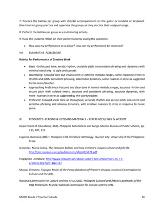 7. Practice the balitao per group with chordal accompaniment on the guitar or rondalla or keyboard.
Give time for group practice and supervise the groups as they practice their assigned songs.

8. Perform the balitao per group as a culminating activity.

9. Have the students reflect on their performance by asking the questions:

        How was my performance as a whole? How can my performance be improved?

VIII    SUMMATIVE ASSESSMENT

Rubrics for Performance of Creative Work

        Basic –Unfocused tone, erratic rhythm, unstable pitch, inconsistent phrasing and dynamics with
        minimal sensitivity to style and context
        Developing: Focused tone but inconsistent in extreme melodic ranges, some repeated errors in
        rhythm and pitch, consistent phrasing, discernible dynamics, some nuances in style as suggested
        by the score/teacher.
        Approaching Proficiency: Focused and clear tone in normal melodic ranges, accurate rhythm and
        secure pitch with isolated errors, accurate and consistent phrasing, accurate dynamics, with
        more nuances in style as suggested by the score/teacher.
        Proficient: Focused, clear tone all throughout, accurate rhythm and secure pitch, consistent and
        sensitive phrasing and obvious dynamics, with creative nuances to style in response to music
        score.


IX      RESOURCES: READING & LISTENING MATERIALS – REFERENCES/LINKS IN WEBSITE

Department of Education (1966). Philippine Folk Dances and Songs. Manila: Bureau of Public Schools, pp.
       130, 187, 215.

Eugenio, Damiana (2007). Philippine Folk Literature Anthology. Quezon City: University of the Philippines
       Press.

Gutierrez, Maria Colina. The Cebuano Balitao and how it mirrors visayan culture and folk life.
        http://nirc.nanzan-u.ac.jp/publications/afs/pdf/a128.pdf

Hiligaynon Literature: http://www.ncca.gov.ph/about-culture-and-arts/articles-on-c-n-
        a/article.php?igm=1&i=137

Muyco, Christine. Tayuyon Music of the Panay Bukidnon of Western Visayas. National Commission for
       Culture and the Arts.

National Commission for Culture and the Arts (2001). Philippine Cultural and Artistic Landmarks of the
       Past Milllenium. Manila: National Commission for Culture and the Arts.



MUSIC Grade 7 Teacher’s Guide                                                                            36
 