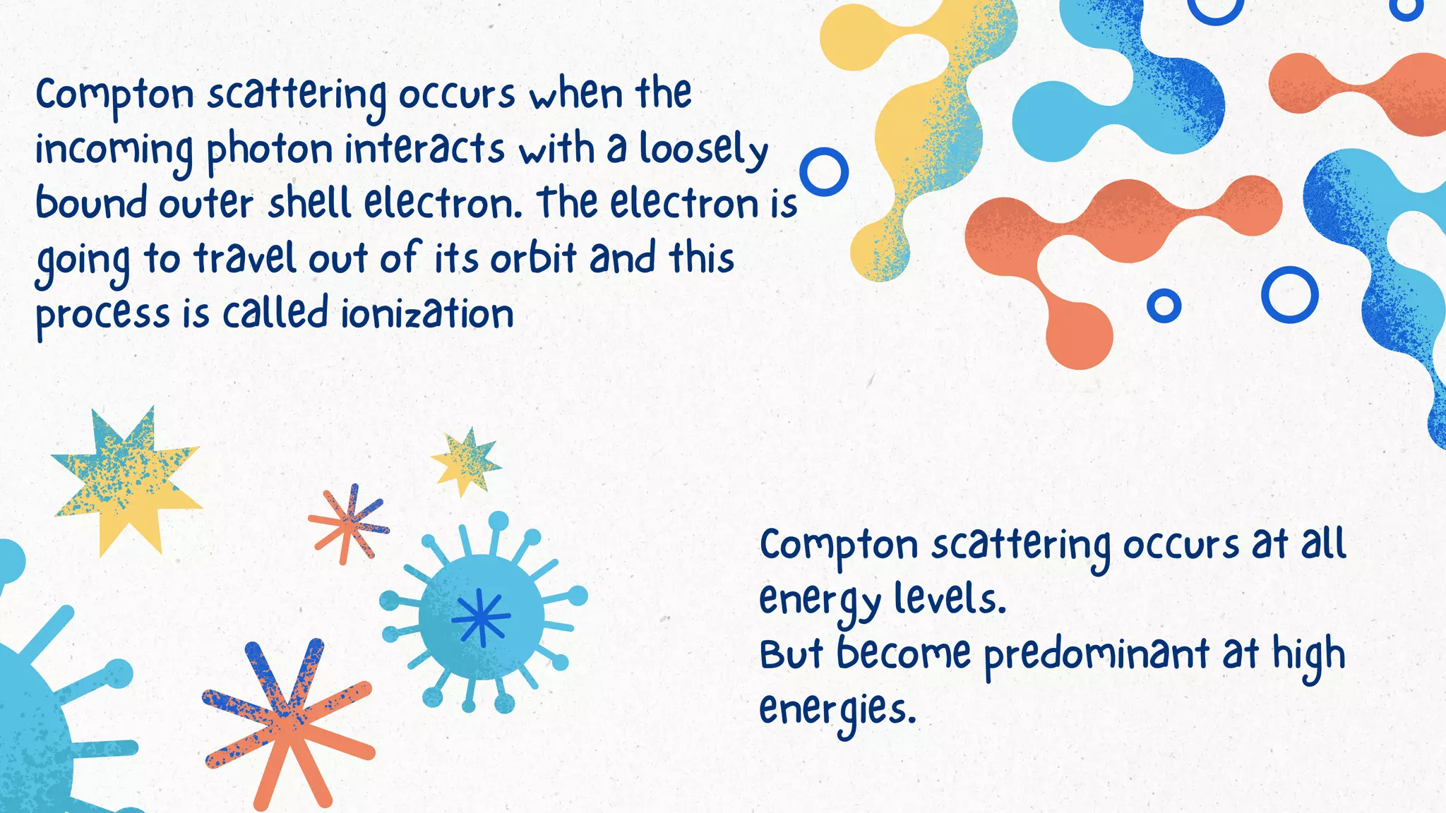 Compton scattering occurs when the
incoming photon interacts with a loosely
bound outer shell electron. The electron is
going to travel out of its orbit and this
process is called ionization
Compton scattering occurs at all
energy levels.
But become predominant at high
energies.
 