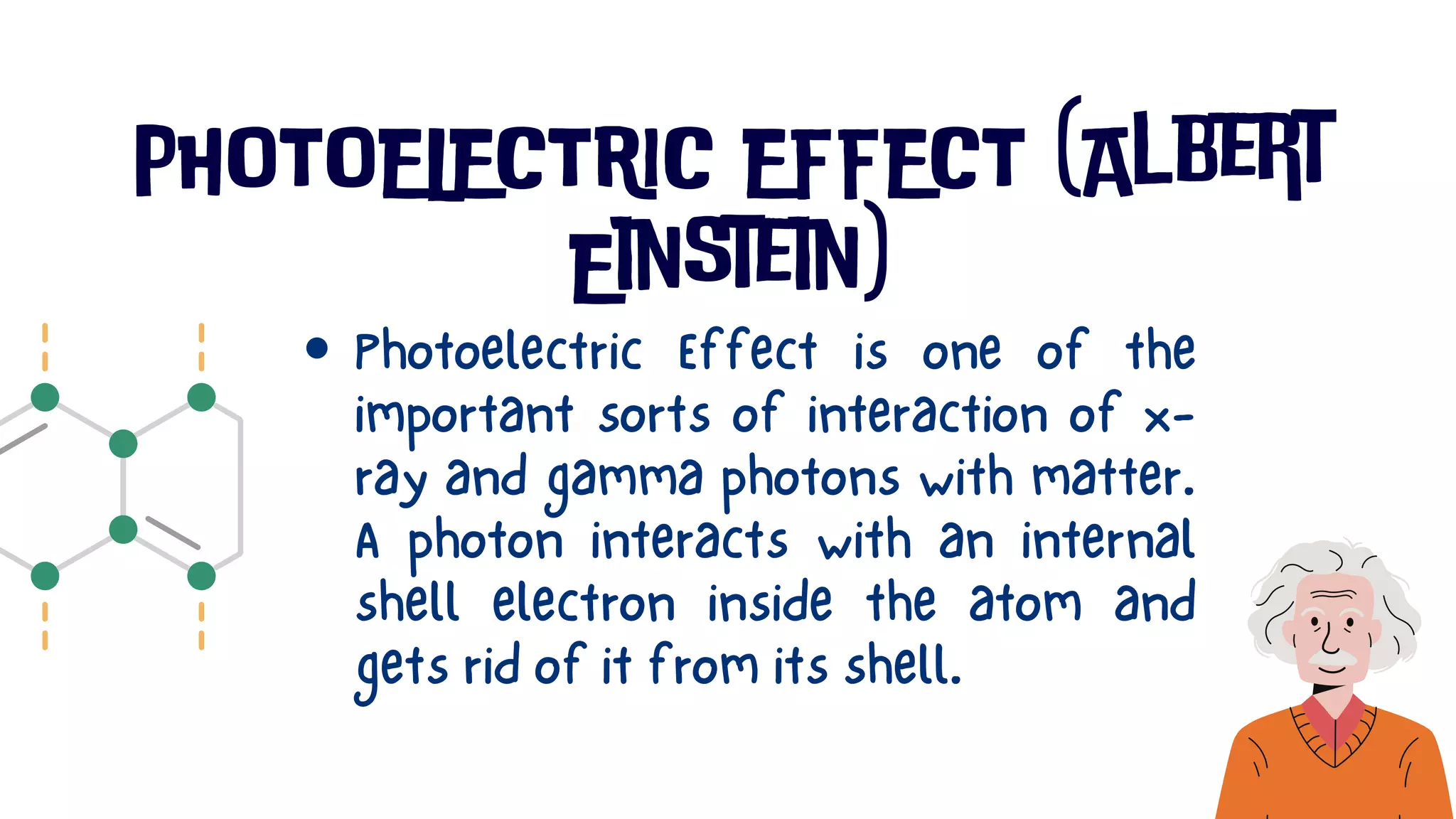 PHOTOELECTRIC EFFECT (Albert
Einstein)
Photoelectric Effect is one of the
important sorts of interaction of x-
ray and gamma photons with matter.
A photon interacts with an internal
shell electron inside the atom and
gets rid of it from its shell.
 