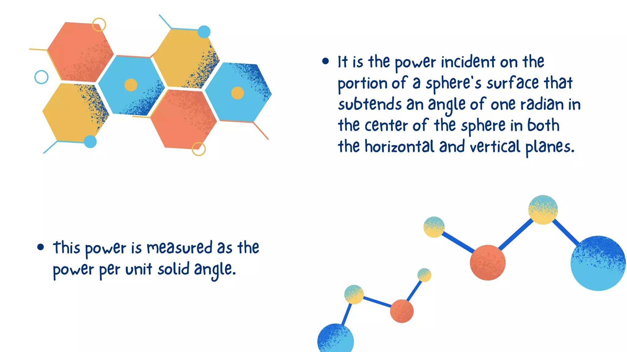 It is the power incident on the
portion of a sphere's surface that
subtends an angle of one radian in
the center of the sphere in both
the horizontal and vertical planes.
This power is measured as the
power per unit solid angle.
 
