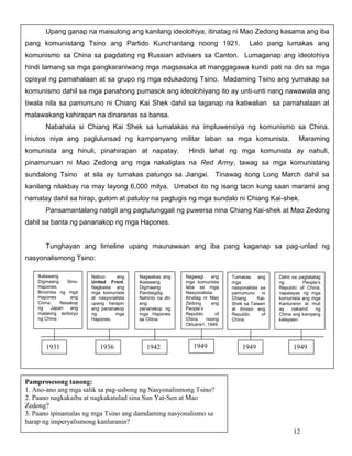 Upang ganap na maisulong ang kanilang ideolohiya, itinatag ni Mao Zedong kasama ang iba
pang komunistang Tsino ang Partido Kunchantang noong 1921.

Lalo pang lumakas ang

komunismo sa China sa pagdating ng Russian advisers sa Canton. Lumaganap ang ideolohiya
hindi lamang sa mga pangkaraniwang mga magsasaka at manggagawa kundi pati na din sa mga
opisyal ng pamahalaan at sa grupo ng mga edukadong Tsino. Madaming Tsino ang yumakap sa
komunismo dahil sa mga panahong pumasok ang ideolohiyang ito ay unti-unti nang nawawala ang
tiwala nila sa pamumuno ni Chiang Kai Shek dahil sa laganap na katiwalian sa pamahalaan at
malawakang kahirapan na dinaranas sa bansa.
Nabahala si Chiang Kai Shek sa lumalakas na impluwensiya ng komunismo sa China.
Iniutos niya ang paglulunsad ng kampanyang militar laban sa mga komunista.
komunista ang hinuli, pinahirapan at napatay.

Maraming

Hindi lahat ng mga komunista ay nahuli,

pinamunuan ni Mao Zedong ang mga nakaligtas na Red Army, tawag sa mga komunistang
sundalong Tsino at sila ay tumakas patungo sa Jiangxi. Tinawag itong Long March dahil sa
kanilang nilakbay na may layong 6,000 milya. Umabot ito ng isang taon kung saan marami ang
namatay dahil sa hirap, gutom at patuloy na pagtugis ng mga sundalo ni Chiang Kai-shek.
Pansamantalang natigil ang pagtutunggali ng puwersa nina Chiang Kai-shek at Mao Zedong
dahil sa banta ng pananakop ng mga Hapones.

Tunghayan ang timeline upang maunawaan ang iba pang kaganap sa pag-unlad ng
nasyonalismong Tsino:
Ikalawang
Digmaang
SinoHapones.
Binomba ng mga
Hapones
ang
China.
Nasakop
ng
Japan
ang
malaking teritoryo
ng China.

1931

Nabuo
ang
United Front.
Nagkaisa ang
mga komunista
at nasyonalista
upang harapin
ang pananakop
ng
mga
Hapones.

1936

Nagwakas ang
Ikalawang
Digmaang
Pandaigdig.
Nahinto na din
ang
pananakop ng
mga Hapones
sa China.

1942

Nagwagi
ang
mga komunista
laba sa mga
Nasyonalista.
Itinatag ni Mao
Zedong
ang
People’s
Republic
of
China
noong
Oktubre1, 1949.

1949

Tumakas ang
mga
nasyonalista sa
pamumuno ni
Chiang
KaiShek sa Taiwan
at itinayo ang
Republic
of
China.

Dahil sa pagtatatag
ng
People’s
Republic of China,
napalayas ng mga
komunista ang mga
Kanluranin at muli
ay
nakamit
ng
China ang kaniyang
kalayaan.

1949

1949

Pamprosesong tanong:
1. Ano-ano ang mga salik sa pag-usbong ng Nasyonalismong Tsino?
2. Paano nagkakaiba at nagkakatulad sina Sun Yat-Sen at Mao
Zedong?
3. Paano ipinamalas ng mga Tsino ang damdaming nasyonalismo sa
harap ng imperyalismong kanluranin?
12

 
