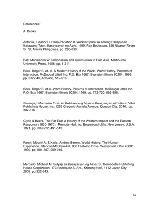 References:
A. Books

Antonio, Eleanor D. Pana-Panahon II. Worktext para sa Araling Panlipunan
Ikalawang Taon. Kasaysayan ng Asya. 1999. Rex Bookstore. 856 Nicanor Reyes
Sr. St. Manila Philippines. pp. 280-330.

Ball, Macmahon W. Nationalism and Communism in East Asia. Melbourne
University Press. 1956. pp. 1-211.
Beck, Roger B. et. al. A Modern History of the World. Word History. Patterns of
Interaction. McDougal Littell Inc. P.O. Box 1667, Evanston Illinois 60204. 1999.
pp. 332-340, 482-486, 512-516

Beck, Roger B. et.al. Word History. Patterns of Interaction. McDougal Littell Inc.
P.O. Box 1667, Evanston Illinois 60204. 1999. pp. 712-720, 892-896.

Camagay, Ma. Luisa T. et. al. Kabihasnang Asyano Kasaysayan at Kultura. Vibal
Publishing House, Inc. 1253 Gregorio Araneta Avenue, Quezon City. 2010. pp.
302-316.

Clyde & Beers. The Far East A History of the Western Impact and the Eastern
Response (1830-1970). Prencite-Hall, Inc. Englewood cliffs, New Jersey, U.S.A.
1971. pp. 209-222, 491-512.

Farah, Mounir A. & Karls, Andrea Berens. World History: The Human
Experience. Glencoe/McGraw-Hill, 936 Eastwind Drive, Westerviell, Ohio 43081.
1999. pp. 804-807, 909-915.

Mercado, Michael M. Sulyap sa Kasaysayan ng Asya. St. Bernadette Publishing
House Corporation. 173 Rodriquez S. Ave., Kristong Hari, 1112 uezon City.
2009. pp.322-343.

34

 