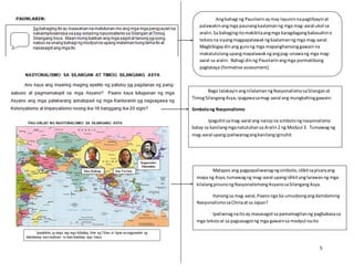 5
Angbahagi ng Paunlarinaymay layuninnapagtibayinat
palawakinangmga paunangkaalamanng mga mag-aaral ukol sa
aralin.Sa bahagingitomakikitaangmga karagdagangbabasahino
tekstona siyangmagpapalawakngkaalamanng mga mag-aaral.
Magbibigaydinang gurong mga mapanghamonggawainna
makatutulongupangmapalawakngangpag-unawang mga mag-
aaral sa aralin. Bahagi dinng Paunlarinangmga pormatibong
pagtataya (formative assessment).
Bago talakayinangnilalamanngNasyonalismosaSilanganat
TimogSilangangAsya,ipagawasamag-aaral ang mungkahinggawain:
Simbolong Nasyonalismo
Ipaguhitsamag-aaral ang naisipna simbolongnasyonalismo
batay sa kanilangmganatutuhansa Aralin2 ng Modyul 3. Tumawag ng
mag-aaral upangipaliwanagangkanilangiginuhit.
Matapos ang pagpapaliwanagngsimbolo,idikitsapisaraang
mapa ng Asya,tumawagng mag-aaral upangidikitanglarawanng mga
kilalangpinunongNasyonalismongAsyanosaSilangangAsya.
Itanongsa mag-aaral,Paanonga ba umusbongangdamdaming
NasyonalismosaChinaatsa Japan?
Ipaliwnagnaitoay masasagotsa pamamagitanng pagbabasasa
mga tekstoat sa pagsasagotng mga gawainsa modyul naito.
 
