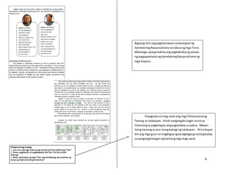 8
Pasagutansa mag-aaral ang mga Pamprosesong
Tanong sa talakayan. Hindi nangangahulugan naitoay
itatanongsa pagkataposangpagtalakaysa paksa. Maaari
itongitanongsa ano mangbahagi ng talakayan. Hininikayat
dinang mga guro na magbigayngkaragdagang tanongbatay
sa pangangailanganngkanilangmgamag-aaral.
Bigyang-diinangpaglalarawansakatangianng
damdamingNasyonalismonanabuongmga Tsino.
Mahalaga upangmakitaang pagkakaibang paraan
ng pagpapamalasngdamdamingNasyonalismong
mga Asyano.
 