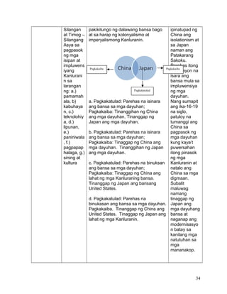 Silangan
at Timog –
Silangang
Asya sa
pagpasok
ng mga
isipan at
impluwens
iyang
Kanlurani
n sa
larangan
ng: a.)
pamamah
ala, b)
kabuhaya
n, c.)
teknolohiy
a, d.)
lipunan,
e.)
paniniwala
, f.)
pagpapap
halaga, g.)
sining at
kultura
pakikitungo ng dalawang bansa bago
at sa harap ng kolonyalismo at
imperyalismong Kanluranin.
a. Pagkakatulad: Parehas na isinara
ang bansa sa mga dayuhan;
Pagkakaiba: Tinanggihan ng China
ang mga dayuhan. Tinanggap ng
Japan ang mga dayuhan.
b. Pagkakatulad: Parehas na isinara
ang bansa sa mga dayuhan;
Pagkakaiba: Tinaggap ng China ang
mga dayuhan. Tinanggihan ng Japan
ang mga dayuhan.
c. Pagkakatulad: Parehas na binuksan
ang bansa sa mga dayuhan;
Pagkakaiba: Tinaggap ng China ang
lahat ng mga Kanluraning bansa.
Tinanggap ng Japan ang bansang
United States.
d. Pagkakatulad: Parehas na
binukasan ang bansa sa mga dayuhan.
Pagkakaiba. Tinanggap ng China ang
United States. Tinaggap ng Japan ang
lahat ng mga Kanluranin.
ipinatupad ng
China ang
isolationism at
sa Japan
naman ang
Patakarang
Sakoku.
Parehas itong
naglalayon na
isara ang
bansa mula sa
impluwensiya
ng mga
dayuhan.
Nang sumapit
ang ika-16-19
na siglo,
patuloy na
tumanggi ang
China sa
pagpasok ng
mga dayuhan
kung kaya’t
puwersahan
itong pinasok
ng mga
Kanluranin at
natalo ang
China sa mga
digmaan.
Subalit
maluwag
namang
tinaggap ng
Japan ang
mga dayuhang
bansa at
naganap ang
modernisasyo
n batay sa
kanilang mga
natutuhan sa
mga
mananakop.
34
Pagkakatulad
Pagkakaiba Pagkakaiba
 