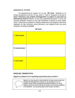 109
GAWAIN BLG 10: IRF CHART
Sa pagkakataong ito, sagutan mo na ang IRF Chart. Maalaala na sa
bahagi ng pagtuklas ay isinulat mo ang iyong I – initial na kasagutan sa tanong na
paano nakatulong ang pangkat etnolinggwistiko sa pagbuo at pag-unlad ng
kabihasnang Asyano? Ngayon na ang iyong pagkakataong baguhin o revise ang
naunang kasagutan. Isaayos mo ang mga konseptong na taliwas sa iyong napag-
aralan. Upang higit na mapalalim at maging makabuluhan ang kasagutan maari itong
dagdagan ng mga halimbawa upang patunayan ang kasagutan.Isulat ang iyong
kasagutan sa bahagi ng revised.
IRF Chart
I – nitial answer
R- evised answer
F- inal answer
MAGALING , BINABATI KITA!
Ngayon ay natapos mo na ang bahagi ng Paunlarin para sa Aralin 3
Ngayon ay may sapat ka nang kaalaman at pag-unawa tungkol sa
Pangkat etnolinggwistiko ng Asya at ang kaugnayan nito sa
pagbuo at pag-unlad ng kabihasnang Asyano.Maaari mo nang
sagutan ang susunod na bahagi ng modyul na ito upang mapalalim
at mapalawak pa ang iyong pag-unawa tungkol sa paksa.
 