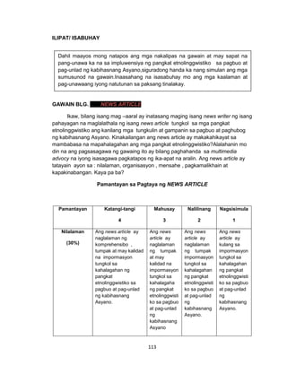 113
ILIPAT/ ISABUHAY
GAWAIN BLG. 13 : NEWS ARTICLE
Ikaw, bilang isang mag –aaral ay inatasang maging isang news writer ng isang
pahayagan na maglalathala ng isang news article tungkol sa mga pangkat
etnolinggwistiko ang kanilang mga tungkulin at gampanin sa pagbuo at paghubog
ng kabihasnang Asyano. Kinakailangan ang news article ay makakahikayat sa
mambabasa na mapahalagahan ang mga pangkat etnolinggwistiko?Alalahanin mo
din na ang pagsasagawa ng gawaing ito ay bilang paghahanda sa multimedia
advocy na iyong isasagawa pagkatapos ng ika-apat na aralin. Ang news article ay
tatayain ayon sa : nilalaman, organisasyon , mensahe , pagkamalikhain at
kapakinabangan. Kaya pa ba?
Pamantayan sa Pagtaya ng NEWS ARTICLE
Pamantayan Katangi-tangi
4
Mahusay
3
Nalilinang
2
Nagsisimula
1
Nilalaman
(30%)
Ang news article ay
naglalaman ng
komprehensibo ,
tumpak at may kalidad
na impormasyon
tungkol sa
kahalagahan ng
pangkat
etnolinggwistiko sa
pagbuo at pag-unlad
ng kabihasnang
Asyano.
Ang news
article ay
naglalaman
ng tumpak
at may
kalidad na
impormasyon
tungkol sa
kahalagaha
ng pangkat
etnolinggwisti
ko sa pagbuo
at pag-unlad
ng
kabihasnang
Asyano
Ang news
article ay
naglalaman
ng tumpak
impormasyon
tungkol sa
kahalagahan
ng pangkat
etnolinggwisti
ko sa pagbuo
at pag-unlad
ng
kabihasnang
Asyano.
Ang news
article ay
kulang sa
impormasyon
tungkol sa
kahalagahan
ng pangkat
etnolinggwisti
ko sa pagbuo
at pag-unlad
ng
kabihasnang
Asyano.
Dahil maayos mong natapos ang mga nakalipas na gawain at may sapat na
pang-unawa ka na sa impluwensiya ng pangkat etnolinggwistiko sa pagbuo at
pag-unlad ng kabihasnang Asyano,siguradong handa ka nang simulan ang mga
sumusunod na gawain.Inaasahang na isasabuhay mo ang mga kaalaman at
pag-unawaang iyong natutunan sa paksang tinalakay.
 