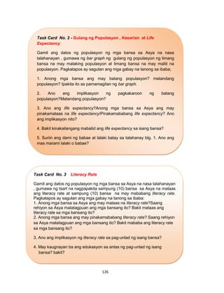 126
Task Card No. 3 Literacy Rate
Gamit ang datos ng populasyon ng mga bansa sa Asya na nasa talahanayan
, gumawa ng tsart na nagpapakita sampung (10) bansa sa Asya na mataas
ang literacy rate at sampung (10) bansa na may mababang literacy rate.
Pagkatapos ay sagutan ang mga gabay na tanong sa ibaba:
1. Anong mga bansa sa Asya ang may mataas na literacy rate?Saang
rehiyon sa Asya matatagpuan ang mga bansang ito? Bakit mataas ang
literacy rate sa mga bansang ito?
2. Anong mga bansa ang may pinakamababang literacy rate? Saang rehiyon
sa Asya matatagpuan ang mga bansang ito? Bakit mababa ang literacy rate
sa mga bansang ito?
3. Ano ang implikasyon ng literacy rate sa pag-unlad ng isang bansa?
4. May kaugnayan ba ang edukasyon sa antas ng pag-unlad ng isang
bansa? bakit?
Task Card No. 2 - Gulang ng Populasyon , Kasarian at Life
Expectancy
Gamit ang datos ng populasyon ng mga bansa sa Asya na nasa
talahanayan , gumawa ng bar graph ng gulang ng populasyon ng limang
bansa na may malaking populasyon at limang bansa na may maliit na
populasyon. Pagkatapos ay sagutan ang mga gabay na tanong sa ibaba;
1. Anong mga bansa ang may batang populasyon? matandang
populasyon? Ipakita ito sa pamamagitan ng bar graph.
2. Ano ang implikasyon ng pagkakaroon ng batang
populasyon?Matandang populasyon?
3. Ano ang life expectancy?Anong mga bansa sa Asya ang may
pinakamataas na life expectancy/Pinakamababang life expectancy? Ano
ang implikasyon nito?
4. Bakit kinakailangang mabatid ang life expectancy sa isang bansa?
5. Suriin ang dami ng babae at lalaki batay sa talahanay blg. 1. Ano ang
mas marami lalaki o babae?
6. Nakakaapekto ba ang kasarian sa pag-unlad ng isang bansa?
Pangatwiranan
 