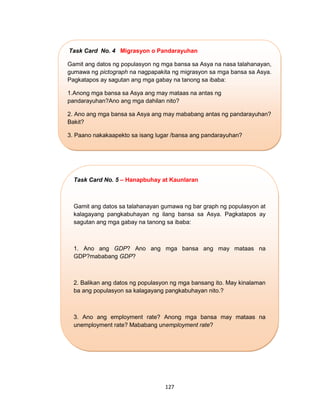 127
Task Card No. 4 Migrasyon o Pandarayuhan
Gamit ang datos ng populasyon ng mga bansa sa Asya na nasa talahanayan,
gumawa ng pictograph na nagpapakita ng migrasyon sa mga bansa sa Asya.
Pagkatapos ay sagutan ang mga gabay na tanong sa ibaba:
1.Anong mga bansa sa Asya ang may mataas na antas ng
pandarayuhan?Ano ang mga dahilan nito?
2. Ano ang mga bansa sa Asya ang may mababang antas ng pandarayuhan?
Bakit?
3. Paano nakakaapekto sa isang lugar /bansa ang pandarayuhan?
Task Card No. 5 – Hanapbuhay at Kaunlaran
Gamit ang datos sa talahanayan gumawa ng bar graph ng populasyon at
kalagayang pangkabuhayan ng ilang bansa sa Asya. Pagkatapos ay
sagutan ang mga gabay na tanong sa ibaba:
1. Ano ang GDP? Ano ang mga bansa ang may mataas na
GDP?mababang GDP?
2. Balikan ang datos ng populasyon ng mga bansang ito. May kinalaman
ba ang populasyon sa kalagayang pangkabuhayan nito.?
3. Ano ang employment rate? Anong mga bansa may mataas na
unemployment rate? Mababang unemployment rate?
4. Paano nakakaapekto sa isang bansa mataas ang unemployment rate
nito?
 
