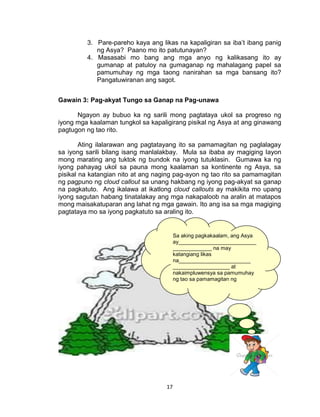 17
3. Pare-pareho kaya ang likas na kapaligiran sa iba’t ibang panig
ng Asya? Paano mo ito patutunayan?
4. Masasabi mo bang ang mga anyo ng kalikasang ito ay
gumanap at patuloy na gumaganap ng mahalagang papel sa
pamumuhay ng mga taong nanirahan sa mga bansang ito?
Pangatuwiranan ang sagot.
Gawain 3: Pag-akyat Tungo sa Ganap na Pag-unawa
Ngayon ay bubuo ka ng sarili mong pagtataya ukol sa progreso ng
iyong mga kaalaman tungkol sa kapaligirang pisikal ng Asya at ang ginawang
pagtugon ng tao rito.
Ating ilalarawan ang pagtatayang ito sa pamamagitan ng paglalagay
sa iyong sarili bilang isang manlalakbay. Mula sa ibaba ay magiging layon
mong marating ang tuktok ng bundok na iyong tutuklasin. Gumawa ka ng
iyong pahayag ukol sa pauna mong kaalaman sa kontinente ng Asya, sa
pisikal na katangian nito at ang naging pag-ayon ng tao rito sa pamamagitan
ng pagpuno ng cloud callout sa unang hakbang ng iyong pag-akyat sa ganap
na pagkatuto. Ang ikalawa at ikatlong cloud callouts ay makikita mo upang
iyong sagutan habang tinatalakay ang mga nakapaloob na aralin at matapos
mong maisakatuparan ang lahat ng mga gawain. Ito ang isa sa mga magiging
pagtataya mo sa iyong pagkatuto sa araling ito.
Sa aking pagkakaalam, ang Asya
ay__________________________
_____________ na may
katangiang likas
na________________________
___________________ at
nakaimpluwensya sa pamumuhay
ng tao sa pamamagitan ng
________________
____________________________
____.
 