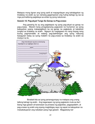 47
Matapos mong tignan ang iyong sarili at mapagnilayan ang kahalagahan ng
tinalakay na aralin ay iyo namang gagampanan ang huling bahagi ng isa sa
mga pormatibong pagtataya sa antas ng iyong natutunan.
Gawain 12: Pag-akyat Tungo Sa Ganap na Pag-unawa
Ang gawaing ito ay ang pagtatapos ng iyong pag-akyat sa ganap na
pag-unawa. Marami kang pinagdaanang pagsubok na humamon sa iyong
kakayahan upang makapaglikom ka ng ganap na pagkatuto at kabatiran
tungkol sa tinalakay na aralin. Ngayon ay magagawa mo nang ihayag nang
buong pagmamalaki at walang pag-aalinlangan ang iyong nabuong
kasagutan batay sa iyong malalim na pag-unawa sa tinalakay na aralin sa
modyul na ito.
Binabati kita sa iyong pananagumpay na matapos ang unang
tatlong bahagi ng aralin. Ang kaganapan ng iyong pagkatuto mula sa iba’t
ibang mga gawain at karanasan sa proseso ng pagtuklas, pagpapalalim, at
pag-unawa ng aralin ang siyang magbibigay sayo ng sapat na kakayahan na
maisakatuparan ang nakalaan pang mga gawain. Magpatuloy ka!
Ang interaksiyon ng tao sa kaniyang
kapaligiran ay nagbigay-daan sa
_____________________________________
_______________dahil__________________
_____________________________________
_____________________________________
___________________________kung kaya’t
_____________________________________
_____________________________________
____________________________________.
_________________________________
_________________________________.
 