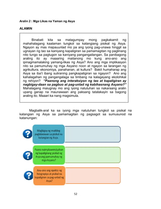 52
Aralin 2 : Mga Likas na Yaman ng Asya
ALAMIN
Gawain Blg. 1 : Balik-aral sa Katangiang Pisikal
Magbalik-aral ka sa iyong mga natutuhan tungkol sa pisikal na
katangian ng Asya sa pamamagitan ng pagsagot sa sumusunod na
katanungan:
Binabati kita sa matagumpay mong pagkakamit ng
mahahalagang kaalaman tungkol sa katangiang pisikal ng Asya.
Ngayon ay mas mapauunlad mo pa ang iyong pag-unawa hinggil sa
ugnayan ng tao sa kaniyang kapaligiran sa pamamagitan ng paglinang
nito tungo sa pagtugon sa kaniyang pangangailangan. Sa panibagong
araling ito ay maaaring maitanong mo kung ano-ano ang
ipinagmamalaking yamang-likas ng Asya? Ano ang mga implikasyon
nito sa pamumuhay ng mga Asyano noon at ngayon sa larangan ng
agrikultura, ekonomiya, panahanan, at kultura? Bakit humaharap ang
Asya sa iba’t ibang suliraning pangkapaligiran sa ngayon? Ano ang
kahalagahan ng pangangalaga sa timbang na kalagayang ekolohikal
ng rehiyon? “Paanong ang interaksiyon ng tao at kapaligiran ay
nagbigay-daan sa pagbuo at pag-unlad ng kabihasnang Asyano?”
Mahalagang maiugnay mo ang iyong natutuhan sa nakaraang aralin
upang ganap na maunawaan ang paksang tatalakayin sa bagong
araling ito. Maaari ka nang magsimula.
 