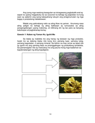 53
Ang iyong mga wastong kasagutan sa isinagawang pagbabalik-aral ay
sapat na upang magpatuloy ka sa susunod na bahagi ng pagtuklas na kung
saan ay aalamin ang iyong kakayahang tukuyin ang pinagmumulan ng mga
bagay o produktong nakalarawan.
Malaki ang pakinabang natin sa ating likas na yaman. Anumang nasa
ating paligid na bahagi ng ating kalikasan ay tumutustos sa ating
pangangailangan upang mabuhay, at nililinang din ng tao para sa kanyang
kabuhayan at paghahanap-buhay.
Gawain 1: Kaban ng Yaman Ko, Iguhit Mo
Sa ibaba ay makikita mo ang hanay ng larawan ng mga produkto.
Isulat mo sa dakong ibaba nito kung ito’y yamang lupa, yamang tubig,
yamang kagubatan, o yamang mineral. Sa kahon na may arrow sa tapat nito
ay iguhit mo ang yamang likas na pinanggalingan ng produktong ipinakikita.
Sa pamamagitan nito ay matutukoy mo ang pauna mong mga kaalaman sa
kapakinabangan ng ating kapaligiran.
 