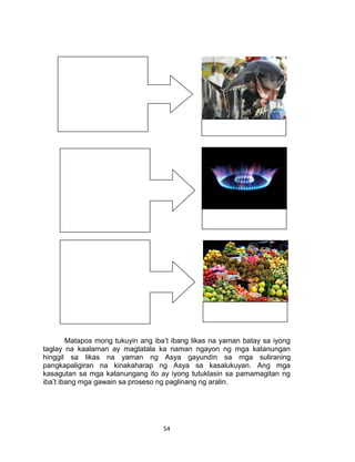 54
Matapos mong tukuyin ang iba’t ibang likas na yaman batay sa iyong
taglay na kaalaman ay magtatala ka naman ngayon ng mga katanungan
hinggil sa likas na yaman ng Asya gayundin sa mga suliraning
pangkapaligiran na kinakaharap ng Asya sa kasalukuyan. Ang mga
kasagutan sa mga katanungang ito ay iyong tutuklasin sa pamamagitan ng
iba’t ibang mga gawain sa proseso ng paglinang ng aralin.
 