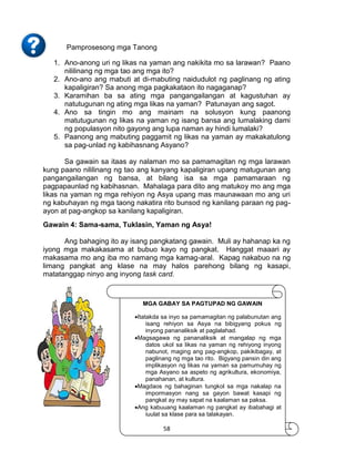 58
Pamprosesong mga Tanong
1. Ano-anong uri ng likas na yaman ang nakikita mo sa larawan? Paano
nililinang ng mga tao ang mga ito?
2. Ano-ano ang mabuti at di-mabuting naidudulot ng paglinang ng ating
kapaligiran? Sa anong mga pagkakataon ito nagaganap?
3. Karamihan ba sa ating mga pangangailangan at kagustuhan ay
natutugunan ng ating mga likas na yaman? Patunayan ang sagot.
4. Ano sa tingin mo ang mainam na solusyon kung paanong
matutugunan ng likas na yaman ng isang bansa ang lumalaking dami
ng populasyon nito gayong ang lupa naman ay hindi lumalaki?
5. Paanong ang mabuting paggamit ng likas na yaman ay makakatulong
sa pag-unlad ng kabihasnang Asyano?
Sa gawain sa itaas ay nalaman mo sa pamamagitan ng mga larawan
kung paano nililinang ng tao ang kanyang kapaligiran upang matugunan ang
pangangailangan ng bansa, at bilang isa sa mga pamamaraan ng
pagpapaunlad ng kabihasnan. Mahalaga para dito ang matukoy mo ang mga
likas na yaman ng mga rehiyon ng Asya upang mas maunawaan mo ang uri
ng kabuhayan ng mga taong nakatira rito bunsod ng kanilang paraan ng pag-
ayon at pag-angkop sa kanilang kapaligiran.
Gawain 4: Sama-sama, Tuklasin, Yaman ng Asya!
Ang bahaging ito ay isang pangkatang gawain. Muli ay hahanap ka ng
iyong mga makakasama at bubuo kayo ng pangkat. Hanggat maaari ay
makasama mo ang iba mo namang mga kamag-aral. Kapag nakabuo na ng
limang pangkat ang klase na may halos parehong bilang ng kasapi,
matatanggap ninyo ang inyong task card.
MGA GABAY SA PAGTUPAD NG GAWAIN
Itatakda sa inyo sa pamamagitan ng palabunutan ang
isang rehiyon sa Asya na bibigyang pokus ng
inyong pananaliksik at paglalahad.
Magsagawa ng pananaliksik at mangalap ng mga
datos ukol sa likas na yaman ng rehiyong inyong
nabunot, maging ang pag-angkop, pakikibagay, at
paglinang ng mga tao rito. Bigyang pansin din ang
implikasyon ng likas na yaman sa pamumuhay ng
mga Asyano sa aspeto ng agrikultura, ekonomiya,
panahanan, at kultura.
Magdaos ng bahaginan tungkol sa mga nakalap na
impormasyon nang sa gayon bawat kasapi ng
pangkat ay may sapat na kaalaman sa paksa.
Ang kabuuang kaalaman ng pangkat ay ibabahagi at
iuulat sa klase para sa talakayan.
 