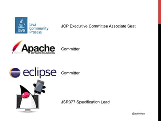 @aalmiray
JCP Executive Committee Associate Seat
Committer
Committer
JSR377 Specification Lead
 
