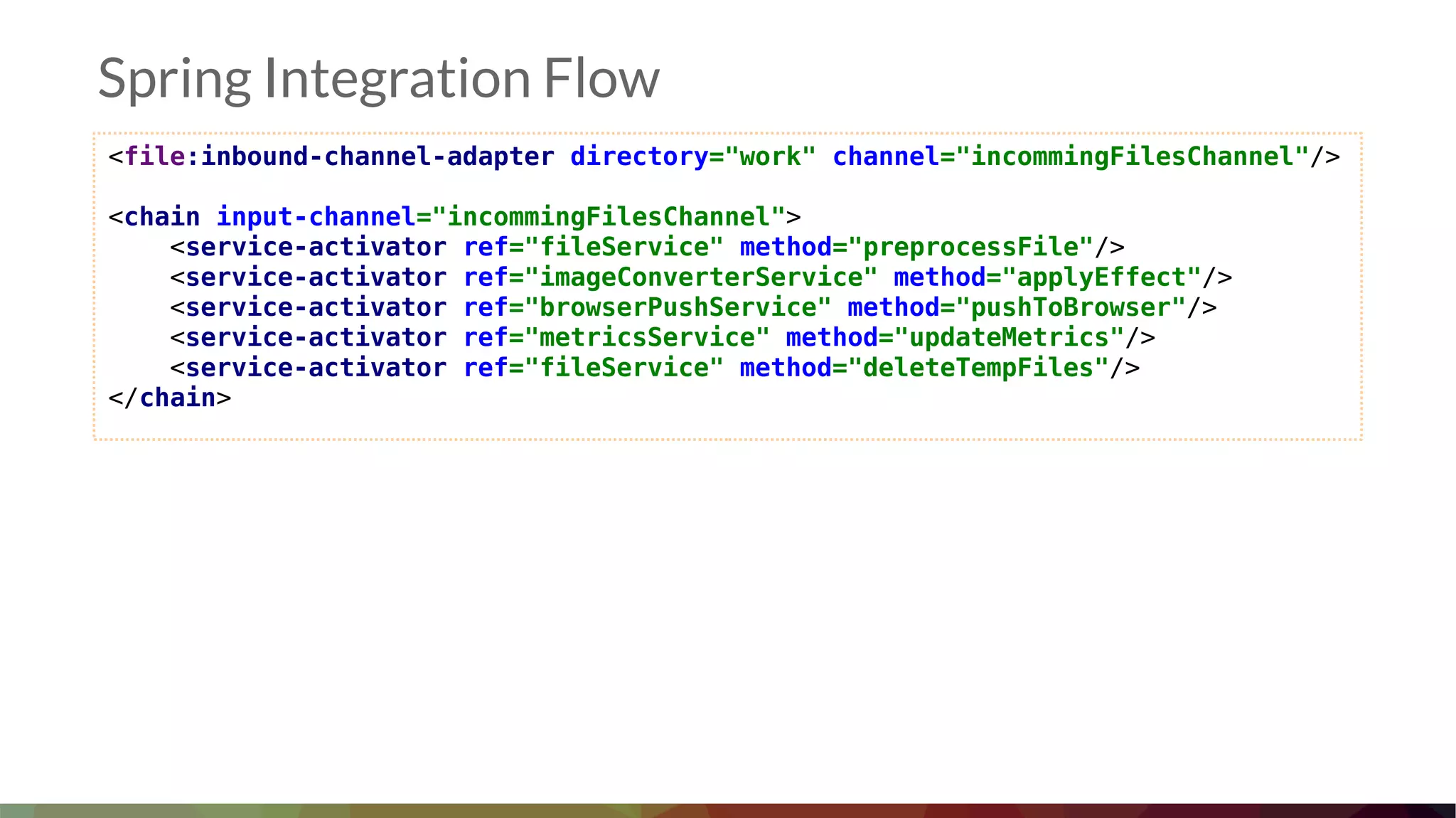 <file:inbound-channel-adapter directory="work" channel="incommingFilesChannel"/>
<chain input-channel="incommingFilesChannel">
<service-activator ref="fileService" method="preprocessFile"/>
<service-activator ref="imageConverterService" method="applyEffect"/>
<service-activator ref="browserPushService" method="pushToBrowser"/>
<service-activator ref="metricsService" method="updateMetrics"/>
<service-activator ref="fileService" method="deleteTempFiles"/>
</chain>
Spring Integration Flow
 