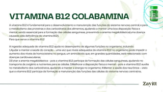 A vitamina B12 é fundamental para o desenvolvimento e manutenção das funções do sistema nervoso central, e para
o metabolismo das proteínas e dos carboidratos dos alimentos, ajudando a manter uma boa disposição física e
mental, sendo essencial para a formação das células sanguíneas, prevenindo a anemia megaloblástica(uma doença
causada pela deficiência de vitamina B12).
Para que serve a vitamina B12
A ingestão adequada de vitamina B12 ajuda no desempenho de algumas funções no organismo, incluindo:
1.Ajudar a manter a saúde do coração - uma vez que níveis adequados da vitamina B12 no organismo pode impedir o
aumento dos níveis de homocisteína no sangue, um aminoácido que, em grandes quantidades, está relacionado com
doenças cardiovasculares;
2.Evitar a anemia megaloblástica - pois a vitamina B12 participa da formação das células sanguíneas, ajudando no
transporte de oxigênio e nutrientes para as células. 3.Melhorar a disposição física e mental - pois a vitamina B12 auxilia
no metabolismo dos carboidratos, ajudando a manter a energia no organismo; 4.Manter a saúde dos neurônios - visto
que a vitamina B12 participa da formação e manutenção das funções das células do sistema nervoso central.na..
VITAMINA B12 COLABAMINA
 
