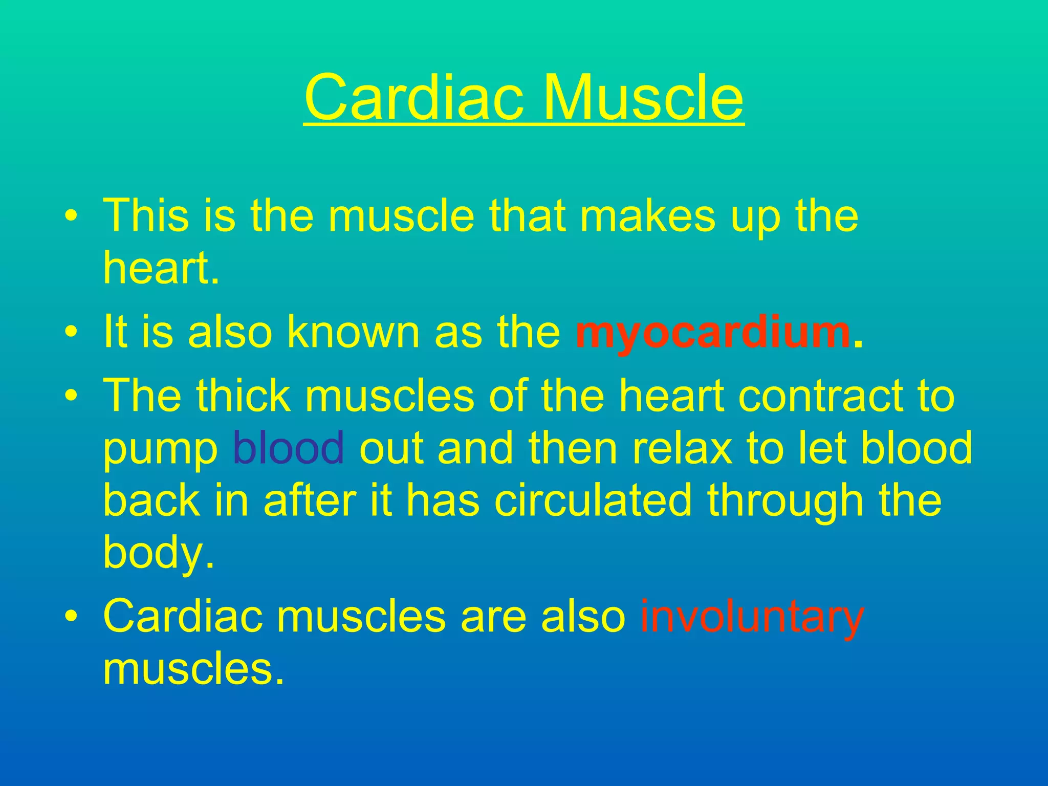 Cardiac Muscle This is t he muscle that makes up the heart . It is also known as the  myocardium . The thick muscles of the heart contract to pump  blood  out and then relax to let blood back in after it has circulated through the body. Cardiac muscles are also  involuntary  muscles.   