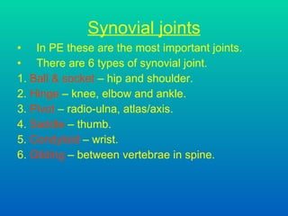 Synovial joints In PE these are the most important joints. There are 6 types of synovial joint.  1.  Ball & socket  – hip and shoulder. 2.  Hinge  – knee, elbow and ankle. 3.  Pivot  – radio-ulna, atlas/axis.  4.  Saddle  – thumb. 5.  Condyloid  – wrist. 6.  Gliding  – between vertebrae in spine.   