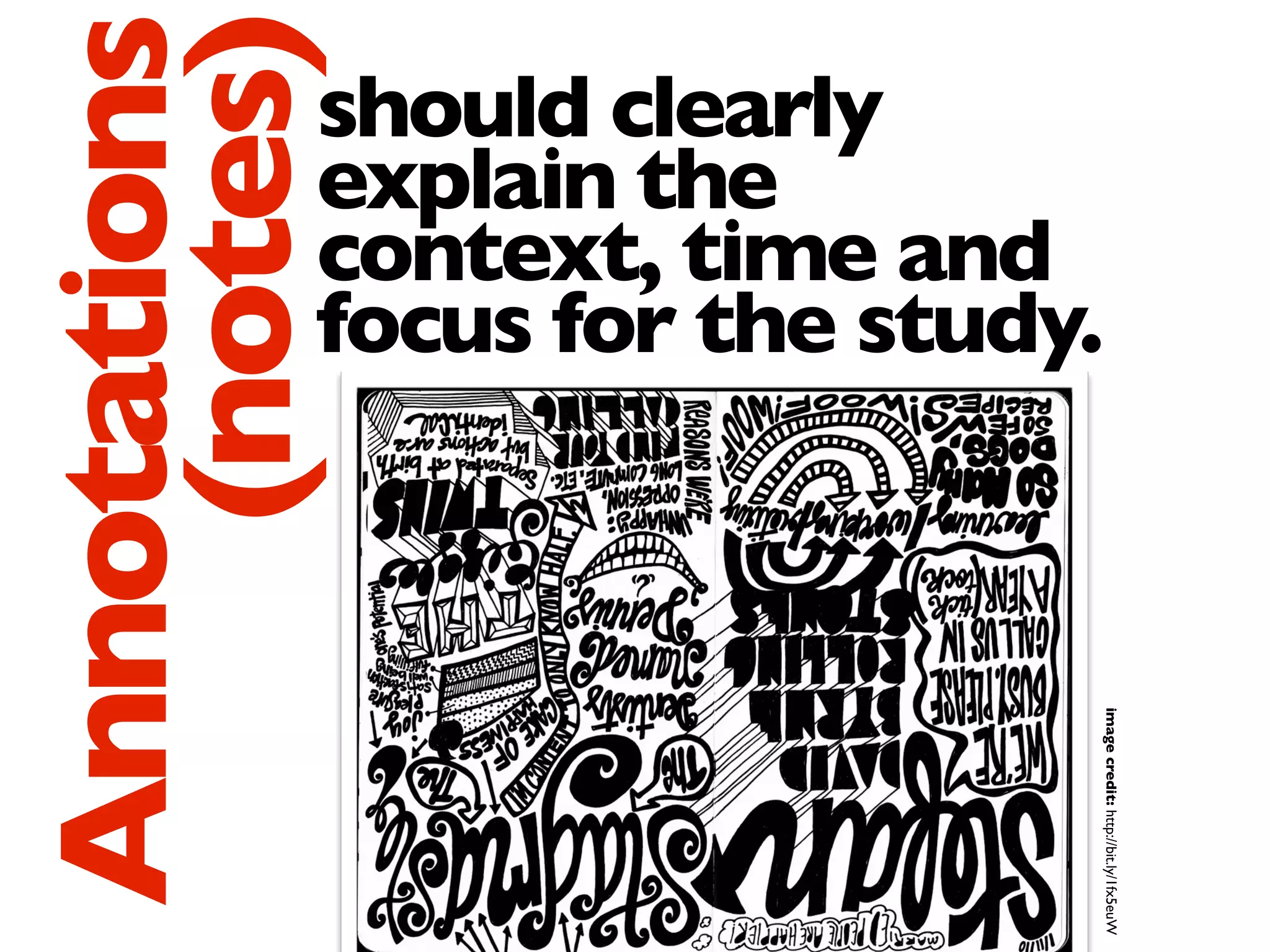 should clearly
explain the
context, time and
focus for the study.
Annotations
(notes)
imagecredit:http://bit.ly/1fx5euW
 
