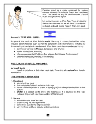 106
Lesson 3: WEST ASIA - ISRAEL
In general, the music of West Asia is modal. Harmony is not emphasized but rather
includes salient features such as melodic complexity and ornamentation, including ¼
tones and rigorous rhythmic development. West Asian music is commonly used during:
 Communal worship (in Mosque, Synagogue and Church)
 Mystic rituals (Sufis, Hassidic)
 Life passage events (Weddings, Bar Mitzvas, Bat Mitzvas, Anniversaries)
 Entertainment (Belly Dancing, Folk Dancing)
VOCAL MUSIC OF ISRAEL AND ARABIA
A. Israeli Music
Israeli singers have a distinctive vocal style. They sing with guttural and throaty
enunciation.
Two Divisions of Jewish Music
1. Devotional
 almost entirely vocal
 featured during Sabbath and other holy days
 the art of Hazan (leader of prayer in synagogue) has always been evident in the
culture
 shofar is a special call to prayer and repentance; it is sounded on the High
Holidays (the Jewish New Year and Day of Atonement)
2. Secular
 instruments and voice are used
 played during life passage events
 context lies outside the religious domain
 very rhythmic and have popular and romantic texts
Pakistan acted as a major crossroad for various
cultures between Central Asia, South Asia, and West
Asia. This paved the way for the similarities of vocal
music throughout the region.
Let us now move on to West Asia. There are several
West Asian countries but we will focus our attention
on Israeli and Arab music. Ready? Then, let’s start!
 