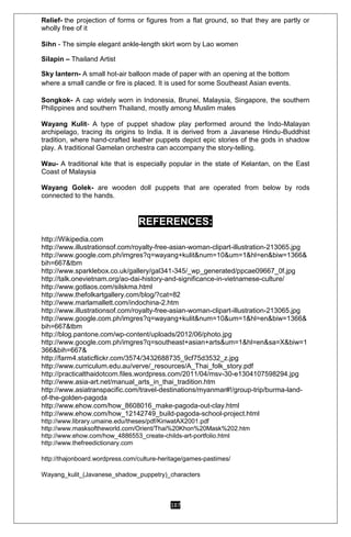 187
Relief- the projection of forms or figures from a flat ground, so that they are partly or
wholly free of it
Sihn - The simple elegant ankle-length skirt worn by Lao women
Silapin – Thailand Artist
Sky lantern- A small hot-air balloon made of paper with an opening at the bottom
where a small candle or fire is placed. It is used for some Southeast Asian events.
Songkok- A cap widely worn in Indonesia, Brunei, Malaysia, Singapore, the southern
Philippines and southern Thailand, mostly among Muslim males
Wayang Kulit- A type of puppet shadow play performed around the Indo-Malayan
archipelago, tracing its origins to India. It is derived from a Javanese Hindu-Buddhist
tradition, where hand-crafted leather puppets depict epic stories of the gods in shadow
play. A traditional Gamelan orchestra can accompany the story-telling.
Wau- A traditional kite that is especially popular in the state of Kelantan, on the East
Coast of Malaysia
Wayang Golek- are wooden doll puppets that are operated from below by rods
connected to the hands.
REFERENCES:
http://Wikipedia.com
http://www.illustrationsof.com/royalty-free-asian-woman-clipart-illustration-213065.jpg
http://www.google.com.ph/imgres?q=wayang+kulit&num=10&um=1&hl=en&biw=1366&
bih=667&tbm
http://www.sparklebox.co.uk/gallery/gal341-345/_wp_generated/ppcae09667_0f.jpg
http://talk.onevietnam.org/ao-dai-history-and-significance-in-vietnamese-culture/
http://www.gotlaos.com/silskma.html
http://www.thefolkartgallery.com/blog/?cat=82
http://www.marlamallett.com/indochina-2.htm
http://www.illustrationsof.com/royalty-free-asian-woman-clipart-illustration-213065.jpg
http://www.google.com.ph/imgres?q=wayang+kulit&num=10&um=1&hl=en&biw=1366&
bih=667&tbm
http://blog.pantone.com/wp-content/uploads/2012/06/photo.jpg
http://www.google.com.ph/imgres?q=southeast+asian+arts&um=1&hl=en&sa=X&biw=1
366&bih=667&
http://farm4.staticflickr.com/3574/3432688735_9cf75d3532_z.jpg
http://www.curriculum.edu.au/verve/_resources/A_Thai_folk_story.pdf
http://practicalthaidotcom.files.wordpress.com/2011/04/msv-30-e1304107598294.jpg
http://www.asia-art.net/manual_arts_in_thai_tradition.htm
http://www.asiatranspacific.com/travel-destinations/myanmar#!/group-trip/burma-land-
of-the-golden-pagoda
http://www.ehow.com/how_8608016_make-pagoda-out-clay.html
http://www.ehow.com/how_12142749_build-pagoda-school-project.html
http://www.library.umaine.edu/theses/pdf/KiriwatAX2001.pdf
http://www.masksoftheworld.com/Orient/Thai%20Khon%20Mask%202.htm
http://www.ehow.com/how_4886553_create-childs-art-portfolio.html
http://www.thefreedictionary.com
http://thajonboard.wordpress.com/culture-heritage/games-pastimes/
Wayang_kulit_(Javanese_shadow_puppetry)_characters
 