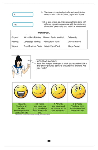 194
9. The three concepts of art reflected mostly in the
artworks and crafts in China, Japan and Korea
10.It is also known as Jingju Lianpu that is done with
different colors in accordance with the performing
characters’ personality and historical assessment
10 points
You have an
excellent
knowledge about
East Asian arts.
8-9 Points
You have very
good knowledge
about East Asian
arts.
4-7 Points
You have good
information about
East Asian arts.
0-3 Points
You have poor
information about
East Asian arts.
http://isearch.babylon.com/?s=img&babsrc=HP_ss&q=smiley%20faces
WORD POOL
Origami Woodblock Printing Heaven, Earth, Mankind Calligraphy
Painting Landscape painting Peking Face-Paint Chosun Period
Ukiyo-e Four Gracious Plants Kabuki Face-Paint Koryo Period
9.
10.
CONGRATULATIONS!
I can feel that you are eager to know your score but look at
the “smiley pictures” below to evaluate your answers. Are
you ready?
 