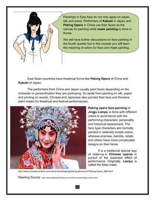 210
East Asian countries have theatrical forms like Peking Opera of China and
Kabuki of Japan.
The performers from China and Japan usually paint faces depending on the
character or personification they are portraying. So aside from painting on silk, paper
and printing on woods, Chinese and Japanese also painted their face and Koreans
paint masks for theatrical and festival performances.
Peking opera face-painting or
Jingju Lianpu is done with different
colors in accordance with the
performing characters’ personality
and historical assessment. The
hero type characters are normally
painted in relatively simple colors,
whereas enemies, bandits, rebels
and others have more complicated
designs on their faces.
It is a traditional special way
of make-up in Chinese operas in
pursuit of the expected effect of
performance. Originally, Lianpu is
called the false mask.
http://www.chinatouronline.com/china-travel/beijing/beijing-attractions/Peking-Opera_680.html
Reading Source: http://www.absolutechinatours.com/china-travel/Jingju-Lianpu.html
Paintings in East Asia do not only apply on paper,
silk and wood. Performers of Kabuki in Japan and
Peking Opera in China use their faces as the
canvas for painting while mask painting is done in
Korea.
We will have further discussions on face painting in
the fourth quarter but in this module you will learn
the meaning of colors for face and mask painting.
 