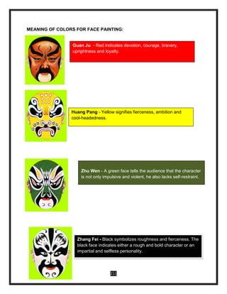 211
MEANING OF COLORS FOR FACE PAINTING:
Guan Ju - Red indicates devotion, courage, bravery,
uprightness and loyalty.
Huang Pang - Yellow signifies fierceness, ambition and
cool-headedness.
Zhu Wen - A green face tells the audience that the character
is not only impulsive and violent, he also lacks self-restraint.
Zhang Fei - Black symbolizes roughness and fierceness. The
black face indicates either a rough and bold character or an
impartial and selfless personality.
 