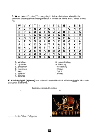 286
D. Word Hunt: (13 points) You are going to find words that are related to the
principles of composition and organization in theater art. There are 13 words to look
for.
1. variation
2. dynamics
3. proportion
4. movement
5. logic
6. contrast
7. balance
8. subordination
9. harmony
10.selectivity
11.focus
12.plot
13.unity
E: Matching Type: (9 points) Match column A with column B. Write the letter of the correct
answer on the blanks.
Festivals/Theater Art Forms:
A. B.
______1. Ati-Atihan- Philippines a.
W V Y T I V I T C E L E S
X C P R O P O R T I O N V
N P L O G I C Q Z B R S A
D L K A W B A L A N C E R
Y O S F R C Z F W F M L I
N T D O H I K D X G G I A
A L X C O N T R A S T X T
M N J U N I T Y Z Q Z F I
I D Q S H A R M O N Y Y O
S U B O R D I N A T I O N
M O V E M E N T Q K Y E H
 
