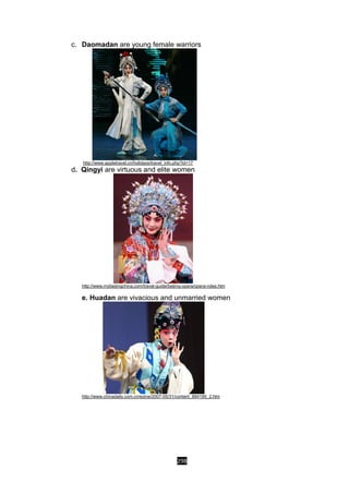 298
c. Daomadan are young female warriors
http://www.appletravel.cn/holidays/travel_info.php?id=17
d. Qingyi are virtuous and elite women
http://www.mybeijingchina.com/travel-guide/beijing-opera/opera-roles.htm
e. Huadan are vivacious and unmarried women
http://www.chinadaily.com.cn/ezine/2007-05/31/content_884195_2.htm
 