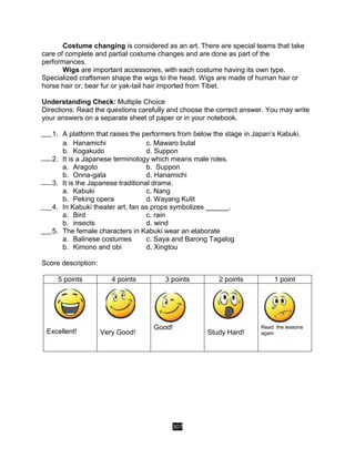 307
Costume changing is considered as an art. There are special teams that take
care of complete and partial costume changes and are done as part of the
performances.
Wigs are important accessories, with each costume having its own type.
Specialized craftsmen shape the wigs to the head. Wigs are made of human hair or
horse hair or, bear fur or yak-tail hair imported from Tibet.
Understanding Check: Multiple Choice
Directions: Read the questions carefully and choose the correct answer. You may write
your answers on a separate sheet of paper or in your notebook.
1. A platform that raises the performers from below the stage in Japan’s Kabuki.
a. Hanamichi c. Mawaro butal
b. Kogakudo d. Suppon
2. It is a Japanese terminology which means male roles.
a. Aragoto b. Suppon
b. Onna-gata d. Hanamichi
3. It is the Japanese traditional drama.
a. Kabuki c. Nang
b. Peking opera d. Wayang Kulit
4. In Kabuki theater art, fan as props symbolizes ______.
a. Bird c. rain
b. insects d. wind
5. The female characters in Kabuki wear an elaborate
a. Balinese costumes c. Saya and Barong Tagalog
b. Kimono and obi d. Xingtou
Score description:
5 points 4 points 3 points 2 points 1 point
Excellent! Very Good!
Good!
Study Hard!
Read the lessons
again
 