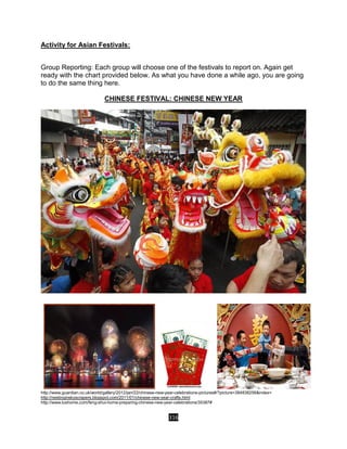 316
Activity for Asian Festivals:
Group Reporting: Each group will choose one of the festivals to report on. Again get
ready with the chart provided below. As what you have done a while ago, you are going
to do the same thing here.
CHINESE FESTIVAL: CHINESE NEW YEAR
http://www.guardian.co.uk/world/gallery/2012/jan/22/chinese-new-year-celebrations-pictures#/?picture=384838256&index=
http://nestinginskyscrapers.blogspot.com/2011/01/chinese-new-year-crafts.html
http://www.lushome.com/feng-shui-home-preparing-chinese-new-year-celebrations/35387#
 