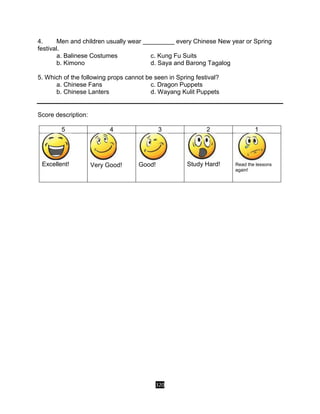 320
4. Men and children usually wear _________ every Chinese New year or Spring
festival.
a. Balinese Costumes c. Kung Fu Suits
b. Kimono d. Saya and Barong Tagalog
5. Which of the following props cannot be seen in Spring festival?
a. Chinese Fans c. Dragon Puppets
b. Chinese Lanters d. Wayang Kulit Puppets
Score description:
5 4 3 2 1
Excellent! Very Good! Good! Study Hard! Read the lessons
again!
 