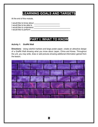 51
LEARNING GOALS AND TARGETS
At the end of this module,
I would like to know about ________________________
I would like to be able to ________________________
I would like to understand __________________________________
I would like to perform _____________________________________
PART I: WHAT TO KNOW
Activity 1: Graffiti Wall
Directions: Using colorful markers and large poster paper, create an attractive design
of a Graffiti Wall showing what you know about Japan, China and Korea. Throughout
the unit, you may write, draw or add pictures showing additional information gained from
the lesson.
 