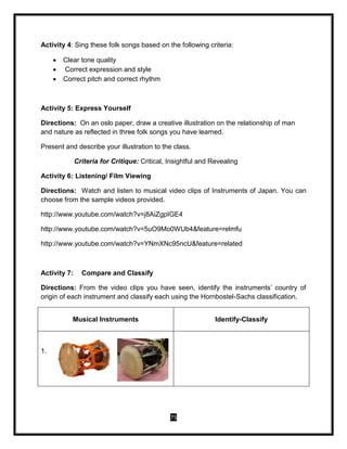 75
Activity 4: Sing these folk songs based on the following criteria:
 Clear tone quality
 Correct expression and style
 Correct pitch and correct rhythm
Activity 5: Express Yourself
Directions: On an oslo paper, draw a creative illustration on the relationship of man
and nature as reflected in three folk songs you have learned.
Present and describe your illustration to the class.
Criteria for Critique: Critical, Insightful and Revealing
Activity 6: Listening/ Film Viewing
Directions: Watch and listen to musical video clips of Instruments of Japan. You can
choose from the sample videos provided.
http://www.youtube.com/watch?v=j8AiZgpIGE4
http://www.youtube.com/watch?v=5uO9Mo0WUb4&feature=relmfu
http://www.youtube.com/watch?v=YNmXNc95ncU&feature=related
Activity 7: Compare and Classify
Directions: From the video clips you have seen, identify the instruments’ country of
origin of each instrument and classify each using the Hornbostel-Sachs classification.
Musical Instruments Identify-Classify
1.
 