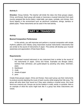 78
Activity 3:
Direction: Group Activity: The teacher will divide the class into three groups (Japan,
China, and Korea). Each group will create or improvise a musical instrument from each
country assigned like drums (taiko), metal bells, pan pipes, cymbals, and chimes, from
found objects in the environment such as aluminum containers, strings, bamboo or
plastic pipes. These instruments can be used in the next activity.
PART IV: TRANSFER
Activity
Musical Composition/ Performance
In this activity, you will improvise and perform a musical composition with simple
rhythmic patterns and melody using improvised musical instruments/ instruments that
are similar to the sound of instruments of Japan. This activity will develop your musical
awareness and appreciation of East Asian Music.
Requirements:
1. Improvised musical instrument or any instrument that is similar to the sound of
the instruments of Japan, China and Korea. Examples are Bongos (taiko),
bamboo flute (shinobue, piri) guitar-played by plucking only (biwa, shamisen,
pipa).
2. blackboard
3. chalk
4. sheets of paper
5. pens
Create three groups (Japan, China and Korea). Have each group use their instruments
to produce sounds depicting the music of each country while singing their folk song. The
group will write down their sound as if they were creating a musical score, this could
serve as a memory aid. Groups can do the notation in notes, words, or symbols. Here is
an example of what the score might look like if a group has three instruments and
voices.
 