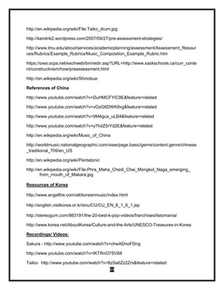 89
http://en.wikipedia.org/wiki/File:Taiko_drum.jpg
http://kendrik2.wordpress.com/2007/09/27/pre-assessment-strategies/
http://www.lmu.edu/about/services/academicplanning/assessment/Assessment_Resour
ces/Rubrics/Example_Rubrics/Music_Composition_Example_Rubric.htm
https://owa.ocps.net/exchweb/bin/redir.asp?URL=http://www.saskschools.ca/curr_conte
nt/constructivism/how/preassessment.html
http://en.wikipedia.org/wiki/Shinobue
References of China
http://www.youtube.com/watch?v=DuHMCFYIC9E&feature=related
http://www.youtube.com/watch?v=vOzG6DWK9vg&feature=related
http://www.youtube.com/watch?v=9M4gca_uLB4&feature=related
http://www.youtube.com/watch?v=y7hdZ5rYd2E&feature=related
http://en.wikipedia.org/wiki/Music_of_China
http://worldmusic.nationalgeographic.com/view/page.basic/genre/content.genre/chinese
_traditional_709/en_US
http://en.wikipedia.org/wiki/Pentatonic
http://en.wikipedia.org/wiki/File:Phra_Maha_Chedi_Chai_Mongkol_Naga_emerging_
from_mouth_of_Makara.jpg
Resources of Korea
http://www.angelfire.com/alt/koreanmusic/index.html
http://english.visitkorea.or.kr/enu/CU/CU_EN_8_1_6_1.jsp
http://stereogum.com/983191/the-20-best-k-pop-videos/franchises/listomania/
http://www.korea.net/AboutKorea/Culture-and-the-Arts/UNESCO-Treasures-in-Korea
Recordings/ Videos:
Sakura - http://www.youtube.com/watch?v=chwADnoFDng
http://www.youtube.com/watch?v=IKTRnO7SV68
Taiko- http://www.youtube.com/watch?v=8zSa6Zz2Zrs&feature=related
 