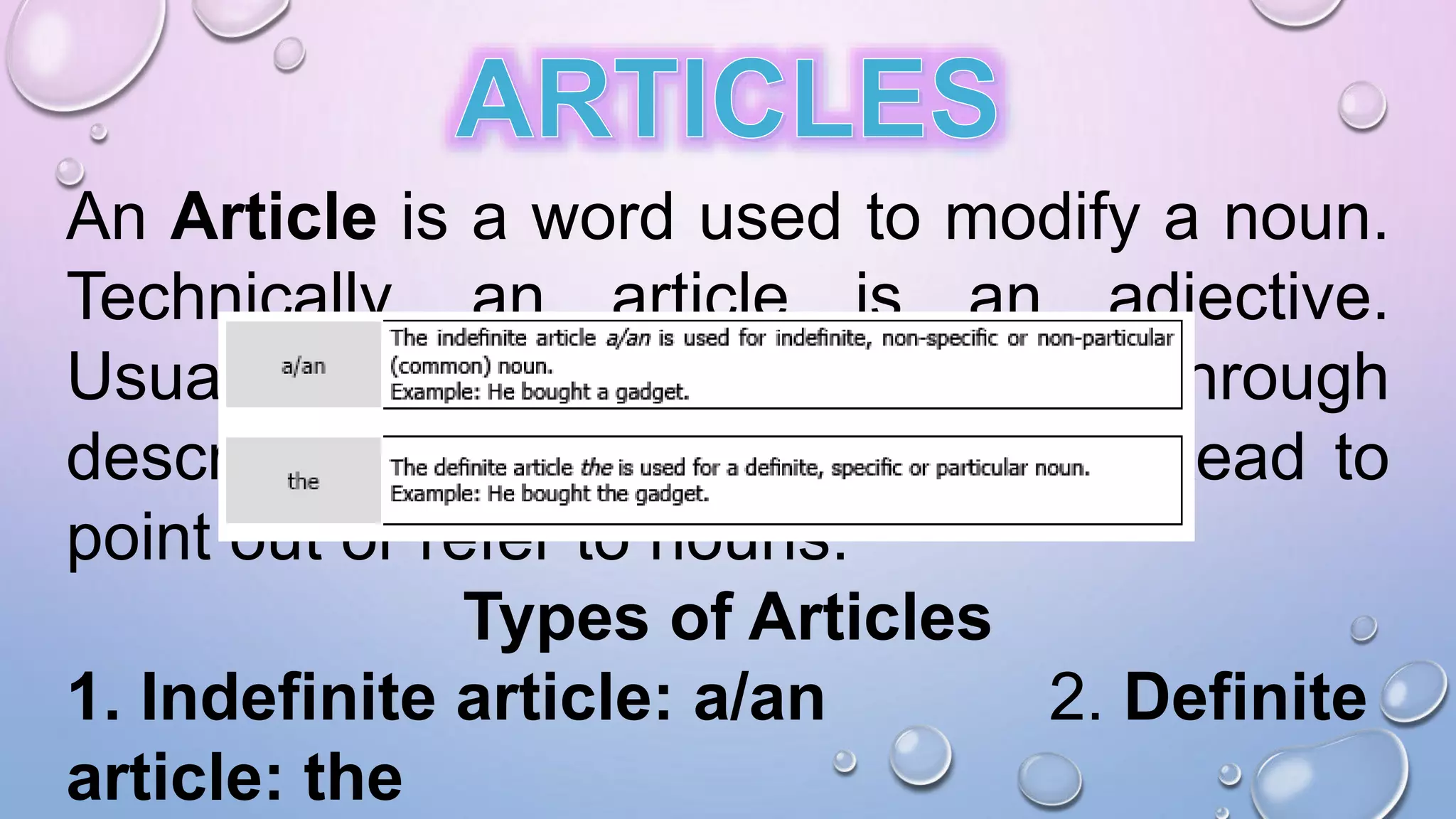 An Article is a word used to modify a noun.
Technically, an article is an adjective.
Usually, adjectives modify nouns through
description, but articles are used instead to
point out or refer to nouns.
Types of Articles
1. Indefinite article: a/an 2. Definite
article: the
 
