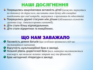 Покращилась комунікативна активність дітей (можуть звернутись
по допомогу до дорослого, висловити свою думку або емоційно
повідомити про свої потреби, звернутись з проханням до однолітків).
Покращились дружні стосунки між дітьми (збільшилась кількість
групових ігор, з'явилися прояви симпатії).
Діти стали більш відповідальними.
Діти стали відкритими та емоційними.
Пасивність деяких батьків (що особливо проявилось під час
дистанційного навчання).
Відсутність мультимедійної бази в закладі.
Низький рівень дидактичної бази (весь матеріал виготовляється
власноруч, що вимагає великих затрат часу та фінансів).
Брак методичної літератури в закладі.
 