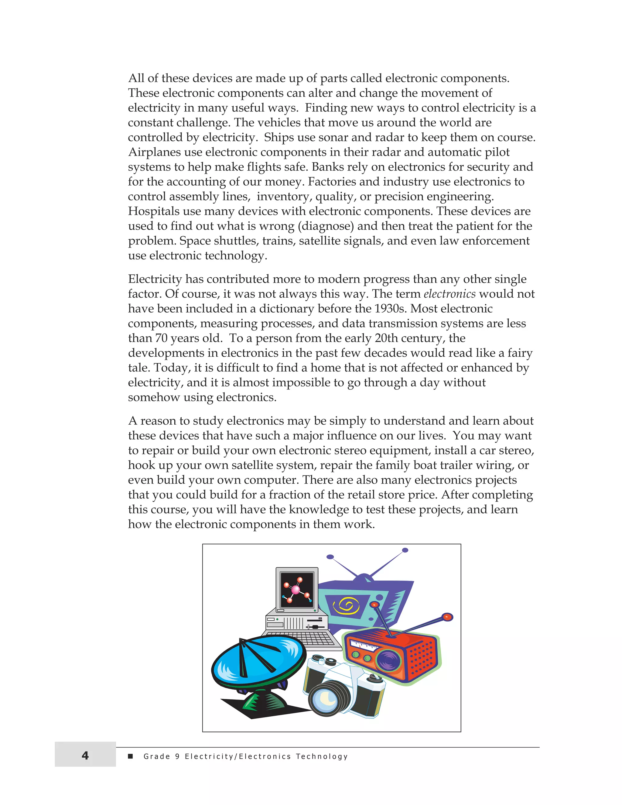 All of these devices are made up of parts called electronic components. 
These electronic components can alter and change the movement of 
electricity in many useful ways. Finding new ways to control electricity is a 
constant challenge. The vehicles that move us around the world are 
controlled by electricity. Ships use sonar and radar to keep them on course. 
Airplanes use electronic components in their radar and automatic pilot 
systems to help make flights safe. Banks rely on electronics for security and 
for the accounting of our money. Factories and industry use electronics to 
control assembly lines, inventory, quality, or precision engineering. 
Hospitals use many devices with electronic components. These devices are 
used to find out what is wrong (diagnose) and then treat the patient for the 
problem. Space shuttles, trains, satellite signals, and even law enforcement 
use electronic technology. 
Electricity has contributed more to modern progress than any other single 
factor. Of course, it was not always this way. The term electronics would not 
have been included in a dictionary before the 1930s. Most electronic 
components, measuring processes, and data transmission systems are less 
than 70 years old. To a person from the early 20th century, the 
developments in electronics in the past few decades would read like a fairy 
tale. Today, it is difficult to find a home that is not affected or enhanced by 
electricity, and it is almost impossible to go through a day without 
somehow using electronics. 
A reason to study electronics may be simply to understand and learn about 
these devices that have such a major influence on our lives. You may want 
to repair or build your own electronic stereo equipment, install a car stereo, 
hook up your own satellite system, repair the family boat trailer wiring, or 
even build your own computer. There are also many electronics projects 
that you could build for a fraction of the retail store price. After completing 
this course, you will have the knowledge to test these projects, and learn 
how the electronic components in them work. 
4 G r a d e 9 E l e c t r i c i t y / E l e c t r o n i c s t e c h n o l o g y 
 