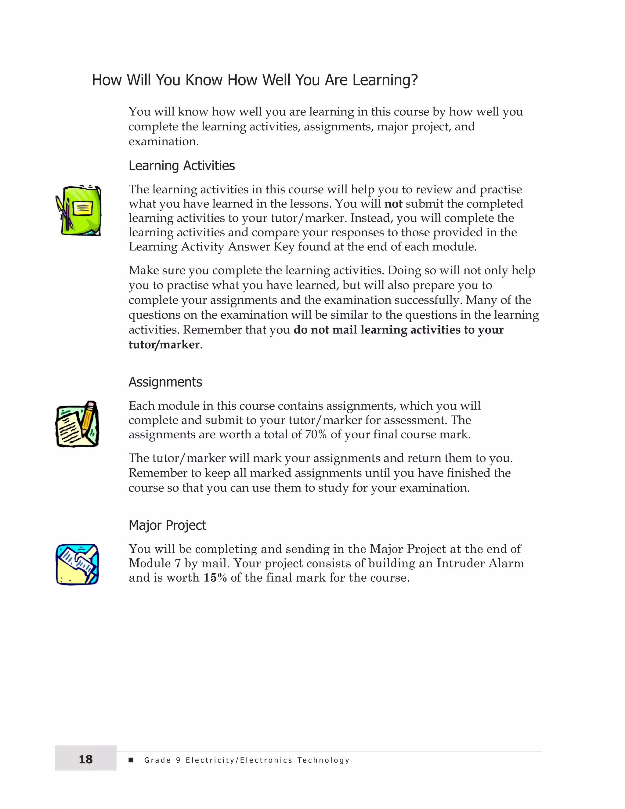 how Will you know how Well you Are Learning? 
You will know how well you are learning in this course by how well you 
complete the learning activities, assignments, major project, and 
examination. 
Learning Activities 
The learning activities in this course will help you to review and practise 
what you have learned in the lessons. You will not submit the completed 
learning activities to your tutor/marker. Instead, you will complete the 
learning activities and compare your responses to those provided in the 
Learning Activity Answer Key found at the end of each module. 
Make sure you complete the learning activities. Doing so will not only help 
you to practise what you have learned, but will also prepare you to 
complete your assignments and the examination successfully. Many of the 
questions on the examination will be similar to the questions in the learning 
activities. Remember that you do not mail learning activities to your 
tutor/marker. 
Assignments 
Each module in this course contains assignments, which you will 
complete and submit to your tutor/marker for assessment. The 
assignments are worth a total of 70% of your final course mark. 
The tutor/marker will mark your assignments and return them to you. 
Remember to keep all marked assignments until you have finished the 
course so that you can use them to study for your examination. 
Major Project 
You will be completing and sending in the Major Project at the end of 
Module 7 by mail. Your project consists of building an Intruder Alarm 
and is worth 15% of the final mark for the course. 
G r a d e 9 E l e c t r i c i t y / E l 18 e c t r o n i c s t e c h n o l o g y 
 