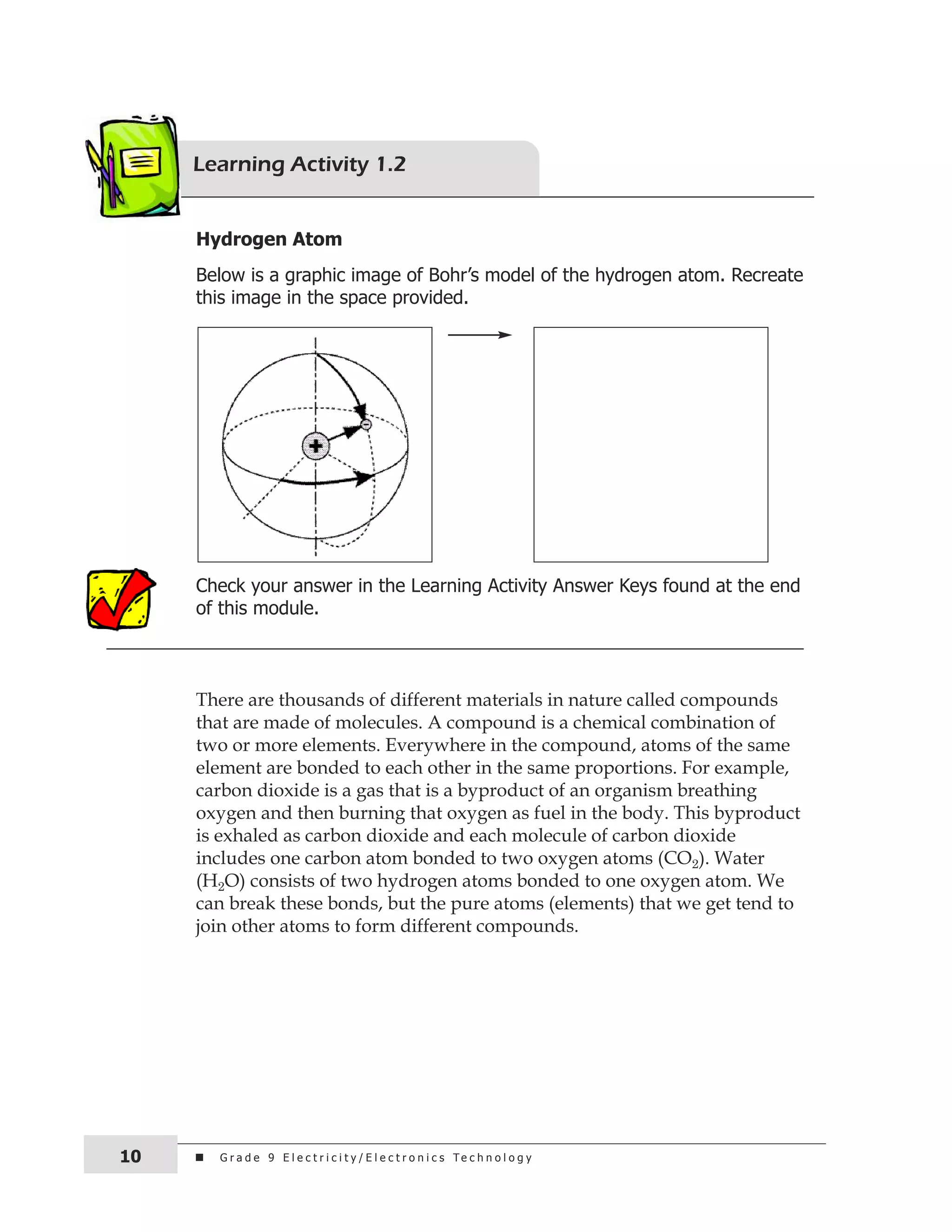 Learning Activity 1.2 
Hydrogen Atom 
Below is a graphic image of Bohr’s model of the hydrogen atom. recreate 
this image in the space provided. 
check your answer in the learning activity answer keys found at the end 
of this module. 
There are thousands of different materials in nature called compounds 
that are made of molecules. A compound is a chemical combination of 
two or more elements. Everywhere in the compound, atoms of the same 
element are bonded to each other in the same proportions. For example, 
carbon dioxide is a gas that is a byproduct of an organism breathing 
oxygen and then burning that oxygen as fuel in the body. This byproduct 
is exhaled as carbon dioxide and each molecule of carbon dioxide 
includes one carbon atom bonded to two oxygen atoms (CO2). Water 
(H2O) consists of two hydrogen atoms bonded to one oxygen atom. We 
can break these bonds, but the pure atoms (elements) that we get tend to 
join other atoms to form different compounds. 
G r a d e 9 e l e c t r i c i t y / e l 10 e c t r o n i c s t e c h n o l o g y 
 