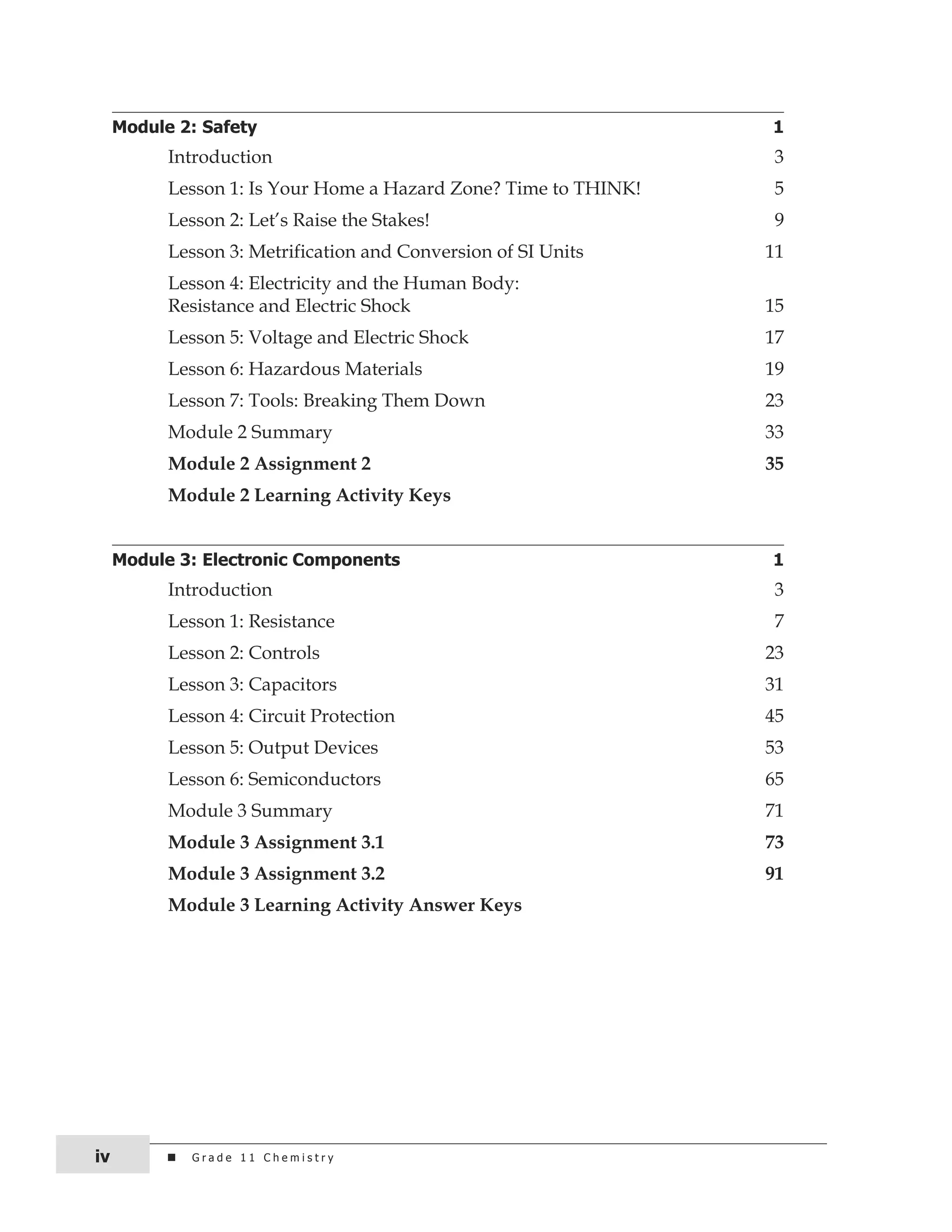 Module 2: Safety 1 
Introduction 3 
Lesson 1: Is Your Home a Hazard Zone? Time to THINK! 5 
Lesson 2: Let’s Raise the Stakes! 9 
Lesson 3: Metrification and Conversion of SI Units 11 
Lesson 4: Electricity and the Human Body: 
Resistance and Electric Shock 15 
Lesson 5: Voltage and Electric Shock 17 
Lesson 6: Hazardous Materials 19 
Lesson 7: Tools: Breaking Them Down 23 
Module 2 Summary 33 
Module 2 Assignment 2 35 
Module 2 Learning Activity Keys 
Module 3: Electronic Components 1 
Introduction 3 
Lesson 1: Resistance 7 
Lesson 2: Controls 23 
Lesson 3: Capacitors 31 
Lesson 4: Circuit Protection 45 
Lesson 5: Output Devices 53 
Lesson 6: Semiconductors 65 
Module 3 Summary 71 
Module 3 Assignment 3.1 73 
Module 3 Assignment 3.2 91 
Module 3 Learning Activity Answer Keys 
iv G r a d e 1 1 c h e m i s t r y 
 