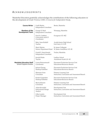 a c k n o W l E d G E M E n t S 
Manitoba Education gratefully acknowledges the contributions of the following educators in 
the development of Grade 9 Science (10F): A Course for Independent Study. 
Course Writer Garth Martin 
Independent Consultant 
Benito, Manitoba 
Members of the 
Development Team 
George D. Bush 
Independent Consultant 
Winnipeg, Manitoba 
Paul D. Cuthbert 
Curriculum and ICT 
Coordinator 
Evergreen S.D. #22 
Betty Anne Kiddell 
Teacher 
Acadia Junior High School 
Fort Garry S. D. #5 
Sherri Mackie 
Science Department Head 
St. James Collegiate 
St. James-Assiniboia, S.D. #2 
Gerald S. Smerchanski 
Independent Consultant 
Teulon, Manitoba 
Jerrold Wiebe 
Teacher 
Laidlaw School 
Assiniboine South S.D. #3 
Manitoba Education Staff 
School Programs division 
Louise Boissonneault 
Coordinator 
Document Production Services Unit 
Educational Resources Branch 
Jackson Duong 
Desktop Publisher 
Document Production Services Unit 
Educational Resources Branch 
Marianne Fenn 
Consultant 
Distance Learning Unit 
Instruction, Curriculum and Assessment Branch 
Kristin Grapentine 
Desktop Publisher 
Document Production Services Unit 
Educational Resources Branch 
Myrna Klassen 
Consultant 
Distance Learning Unit 
Instruction, Curriculum and Assessment Branch 
Adam Kowalski 
Instructional Design 
Analyst 
Development Unit 
Instruction, Curriculum and Assessment Branch 
Gilles Landry 
Project Manager 
Development Unit 
Instruction, Curriculum and Assessment Branch 
a c k n o w l e d g e m e n t s vii 
 